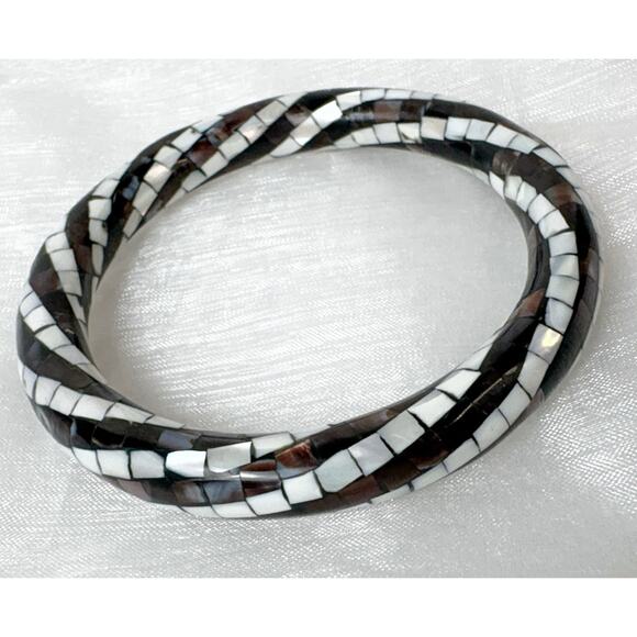 Mosaic Bangle Bracelet Acrylic Mother of Pearl MOP Vintage Op Art Lucite